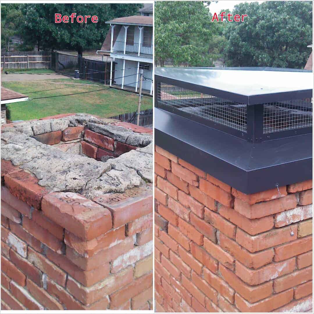 Before and After Chimney Cap Installation on red brick