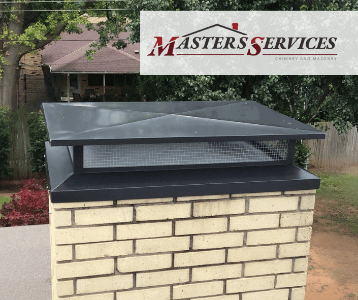 Masonry chimney with newly installed #1 chimney cap on top of chimney by our professional chimney service. Home located in Fort Worth, TX