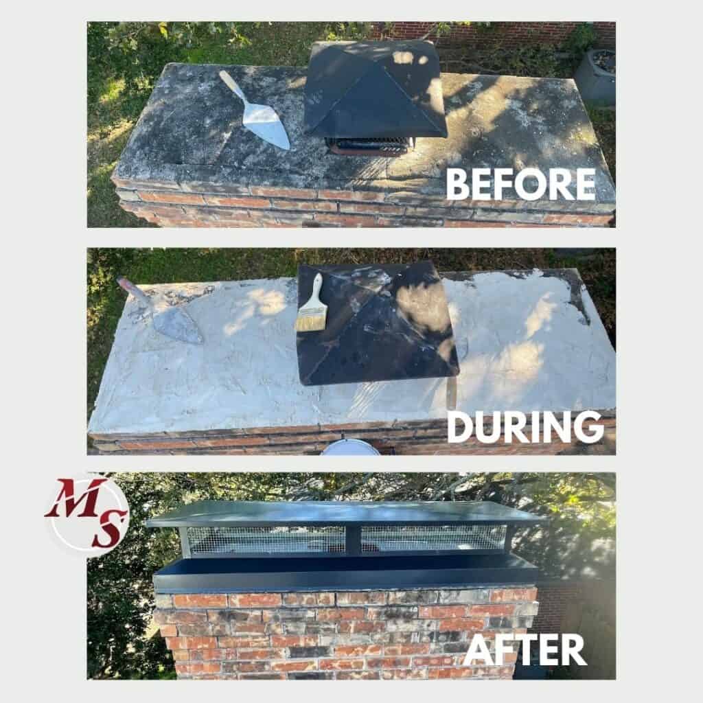 Masonry Chimney Repair before & after. Mortar Crown Overlay, Crown Coat, & #1 Chimney Cap - Chimney Repair Dallas - Masters Services
