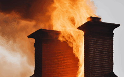 chimney fire on brick chimney on top of roof line