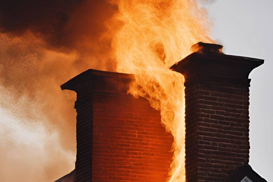 chimney fire on brick chimney on top of roof line