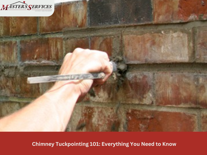 Masters Services team performing chimney tuckpointing on a brick chimney