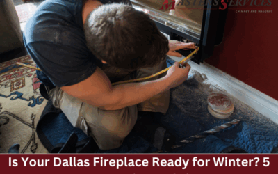 Chimney service technician from Masters Services inspecting a fireplace for repairs.