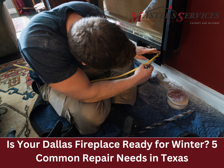 Chimney service technician from Masters Services inspecting a fireplace for repairs.