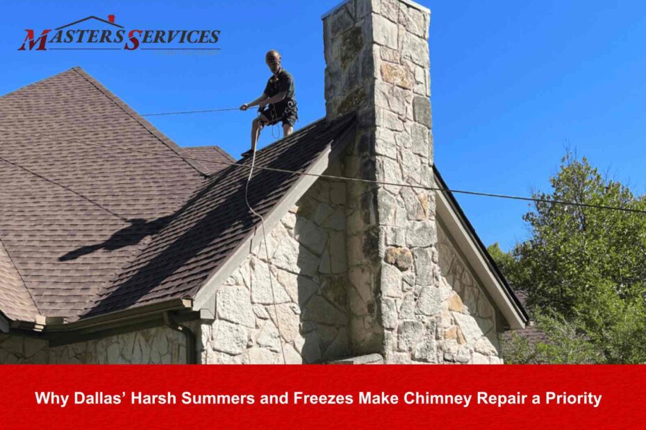 Masters Services Chimney & Masonry technician performing chimney repair on a residential home.